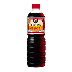 Kikkoman Amakuchi soy sauce bottle pouring, enhances umami for soups and stir-fries.