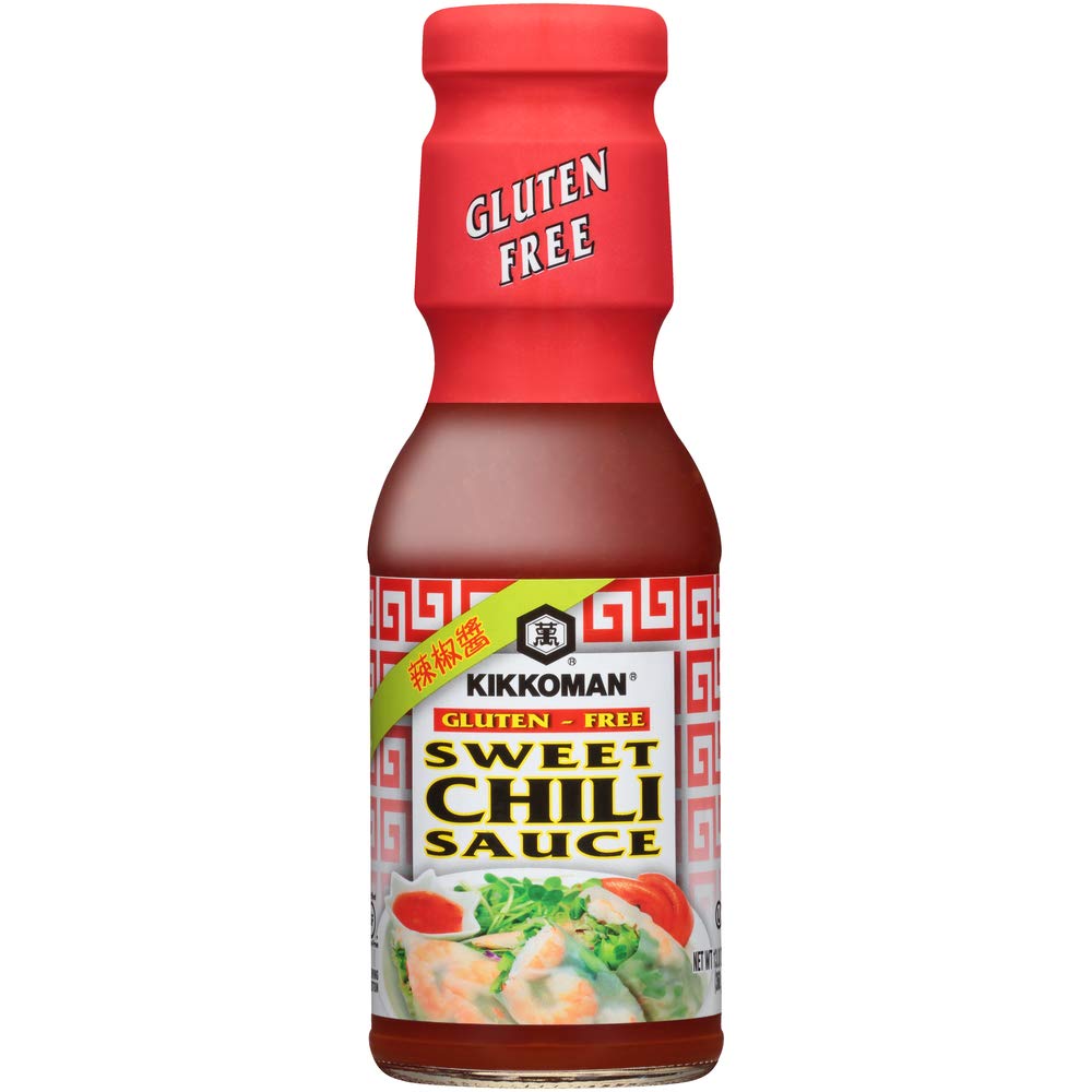 Kikkoman gluten-free sweet chili sauce bottle ready for dipping.