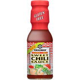 Kikkoman gluten-free sweet chili sauce bottle ready for dipping.