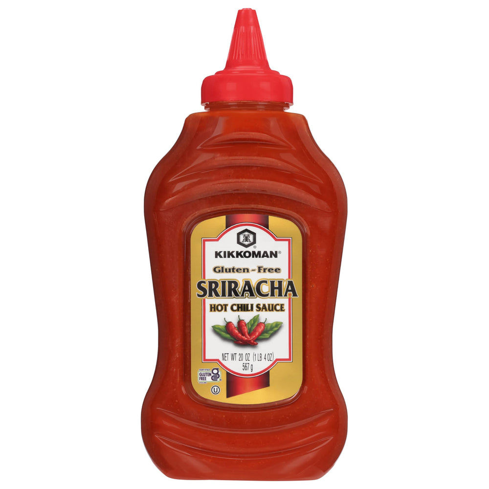 Kikkoman Gluten-Free Sriracha jar label shows bold color and gluten-free assurance.
