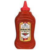 Kikkoman Gluten-Free Sriracha jar label shows bold color and gluten-free assurance.