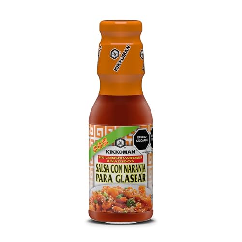Kikkoman Orange Sauce bottle closeup for versatile glaze and dipping options.