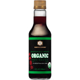 Kikkoman Organic Soy Sauce bottle front, versatile seasoning for pan sauces and marinades
