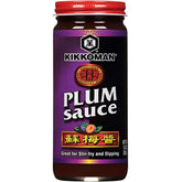 Kikkoman Plum Sauce bottle close-up showing a sweet-tangy glaze for dipping.