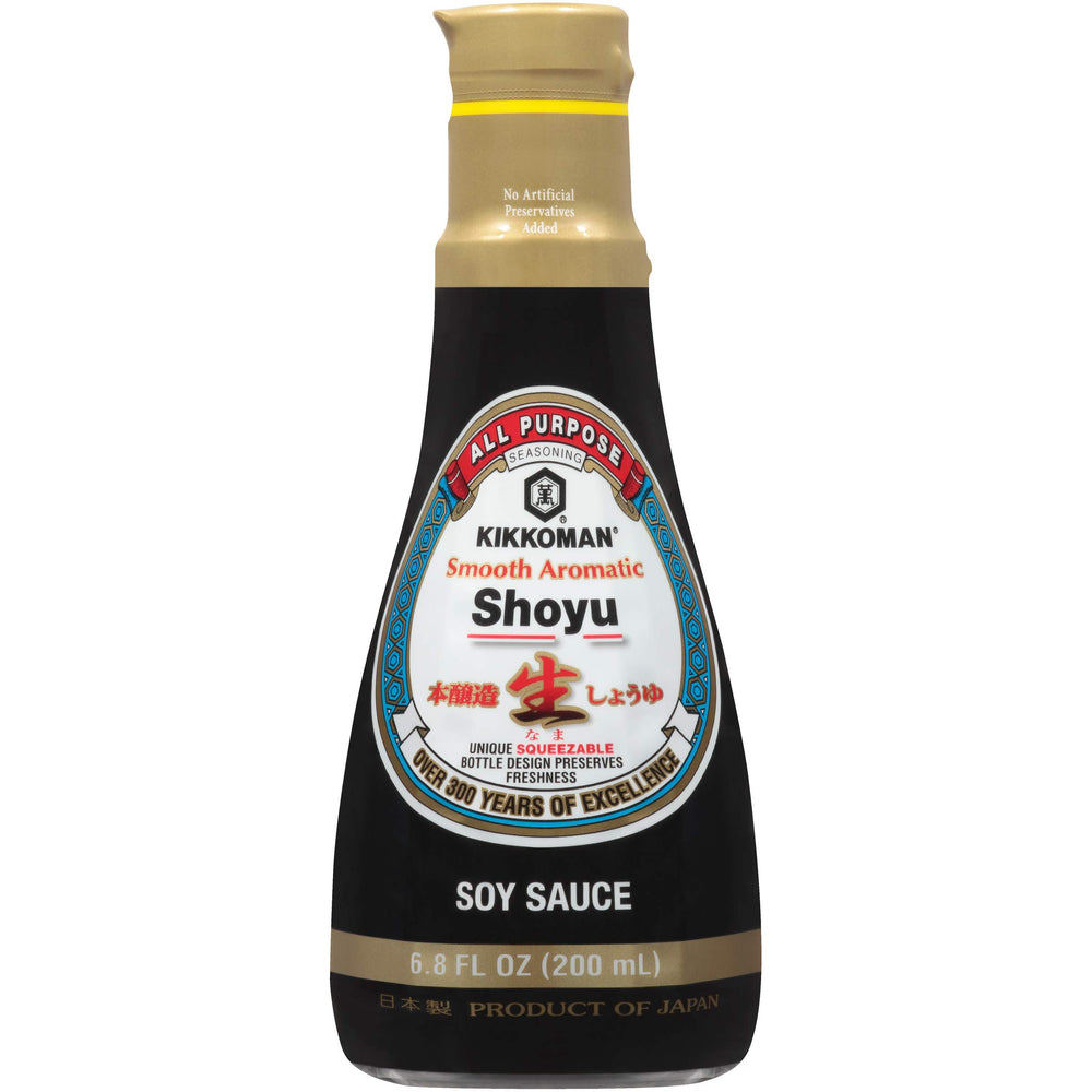 Kikkoman Smooth Aromatic Soy Sauce bottle pour enhances delicate sushi flavors.