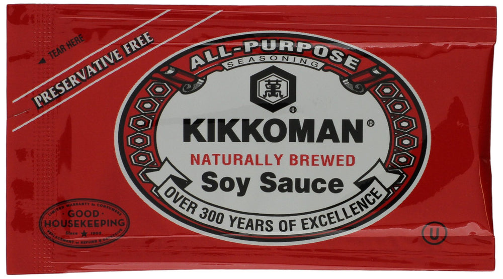 Kikkoman soy sauce packets in a bulk box, convenient for quick meals.