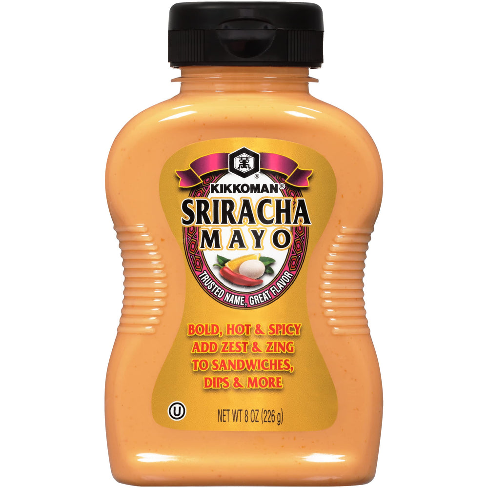 Kikkoman Sriracha Mayo 8.5 oz bottle adds creamy heat to sandwiches.