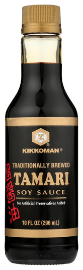 Kikkoman Tamari bottle front view highlighting rich color and premium quality.