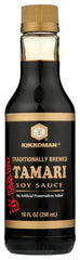 Kikkoman Tamari bottle front view highlighting rich color and premium quality.