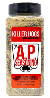 Killer Hogs AP seasoning bottle close-up for versatile meats.