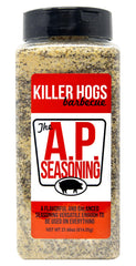 Killer Hogs AP seasoning bottle close-up for versatile meats.