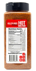 Killer Hogs HOT BBQ Rub sprinkled on steak for smoky, balanced heat.