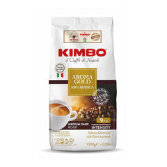 Kimbo Aroma Gold coffee beans ready for grinding and brewing.