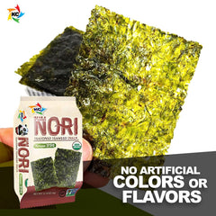 Kimnori crispy seaweed sheets close-up with savory glaze.