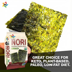 KIMNORI KBBQ seaweed snack in hand offers a low-calorie, tasty bite.