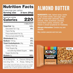 KIND Breakfast Bar almond butter two-bar pack close-up, 8g protein per serving.