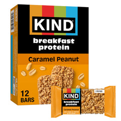Kind Breakfast Bars box-front displaying caramel peanut flavor for on-the-go energy