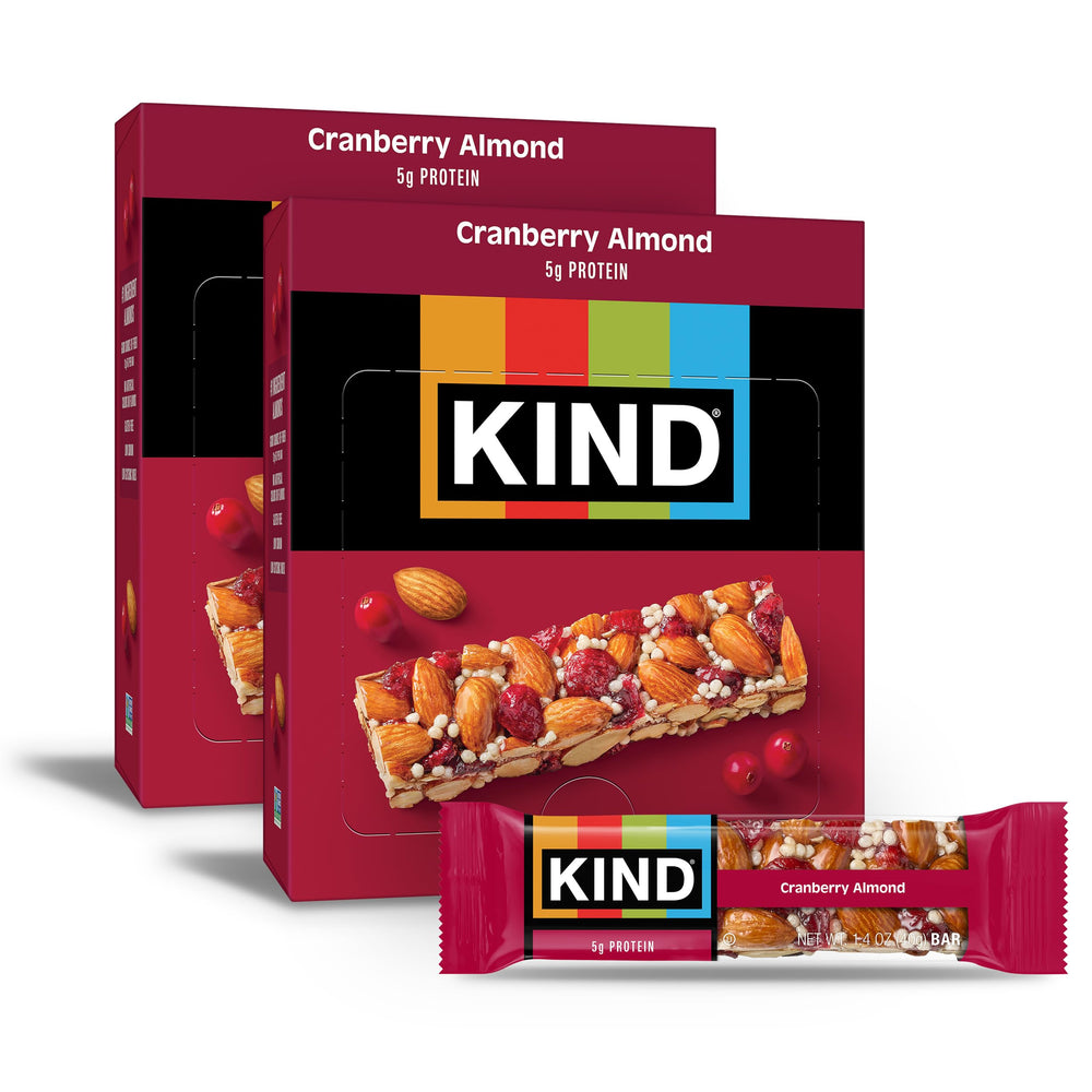 KIND Cranberry Almond bars packaging shown for gluten-free snacking