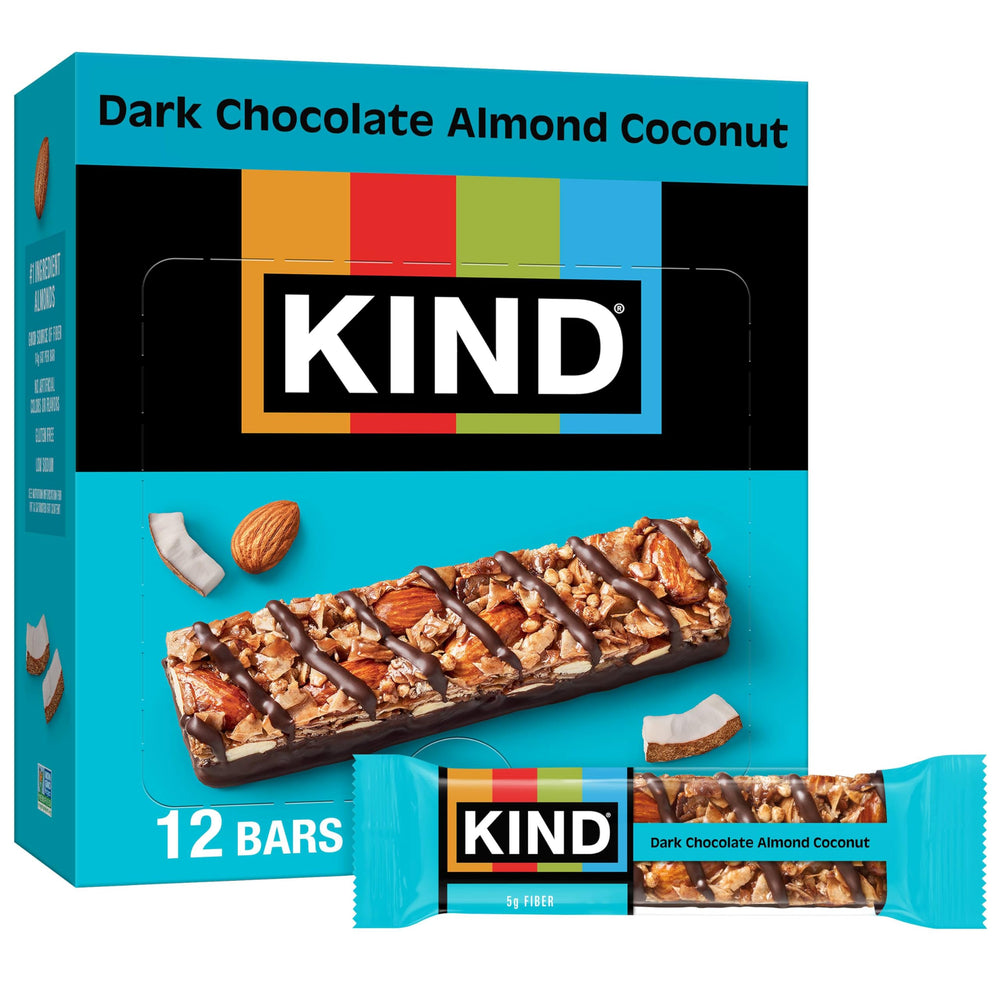 KIND dark chocolate almond coconut bar pack, convenient gluten-free energy on the go.