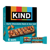 KIND Dark Chocolate Nuts & Sea Salt packaging shows a gluten-free snack on the go.