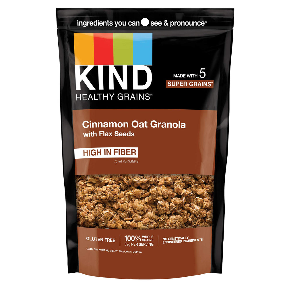 KIND Healthy Grains Cinnamon Oat Granola bag showcases gluten-free snacking