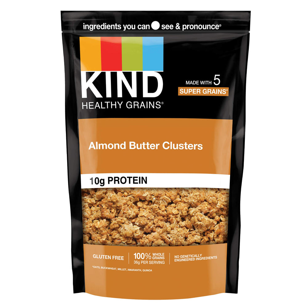 KIND Healthy Grains Clusters Almond Butter Granola pouch display for packaging and product branding
