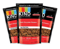 Kind Healthy Grains Clusters dark chocolate pouch, three-pack, ideal for on-the-go snacking.
