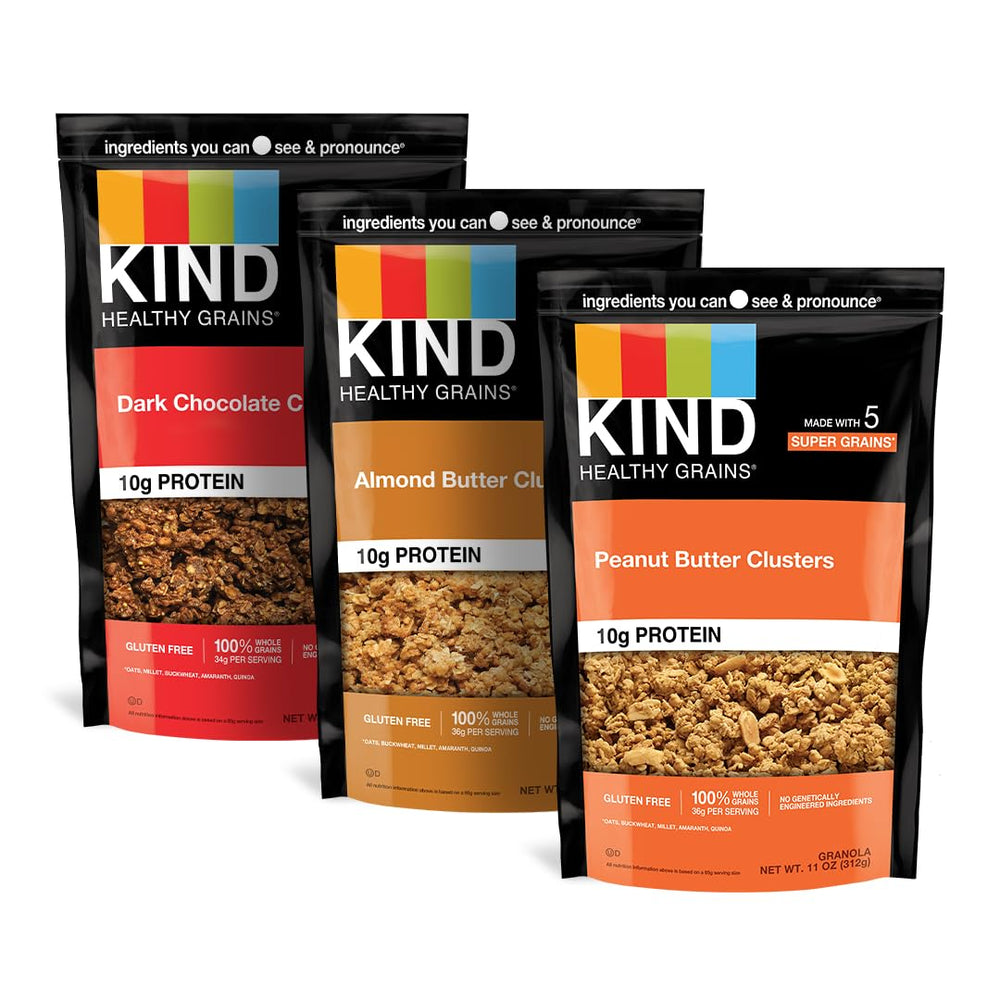 KIND Healthy Grains Clusters variety pack on box, gluten free snack option