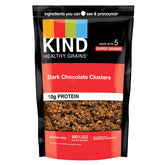 KIND Healthy Grains Dark Chocolate Clusters bag shows a protein-rich gluten-free snack.