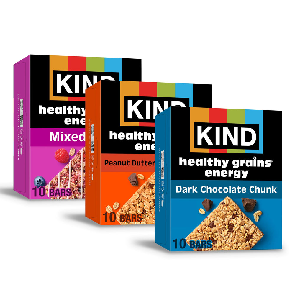 KIND Healthy Grains Energy Bar dark chocolate chunk front view, chewy on-the-go snack.