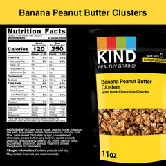 KIND Healthy Grains granola closeup shows dried banana and peanut butter.