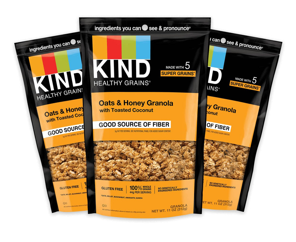Kind Healthy Grains Granola three 11-ounce bags for convenient snacking.