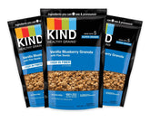 Kind Healthy Grains vanilla blueberry granola bag highlights gluten-free whole grain snack.
