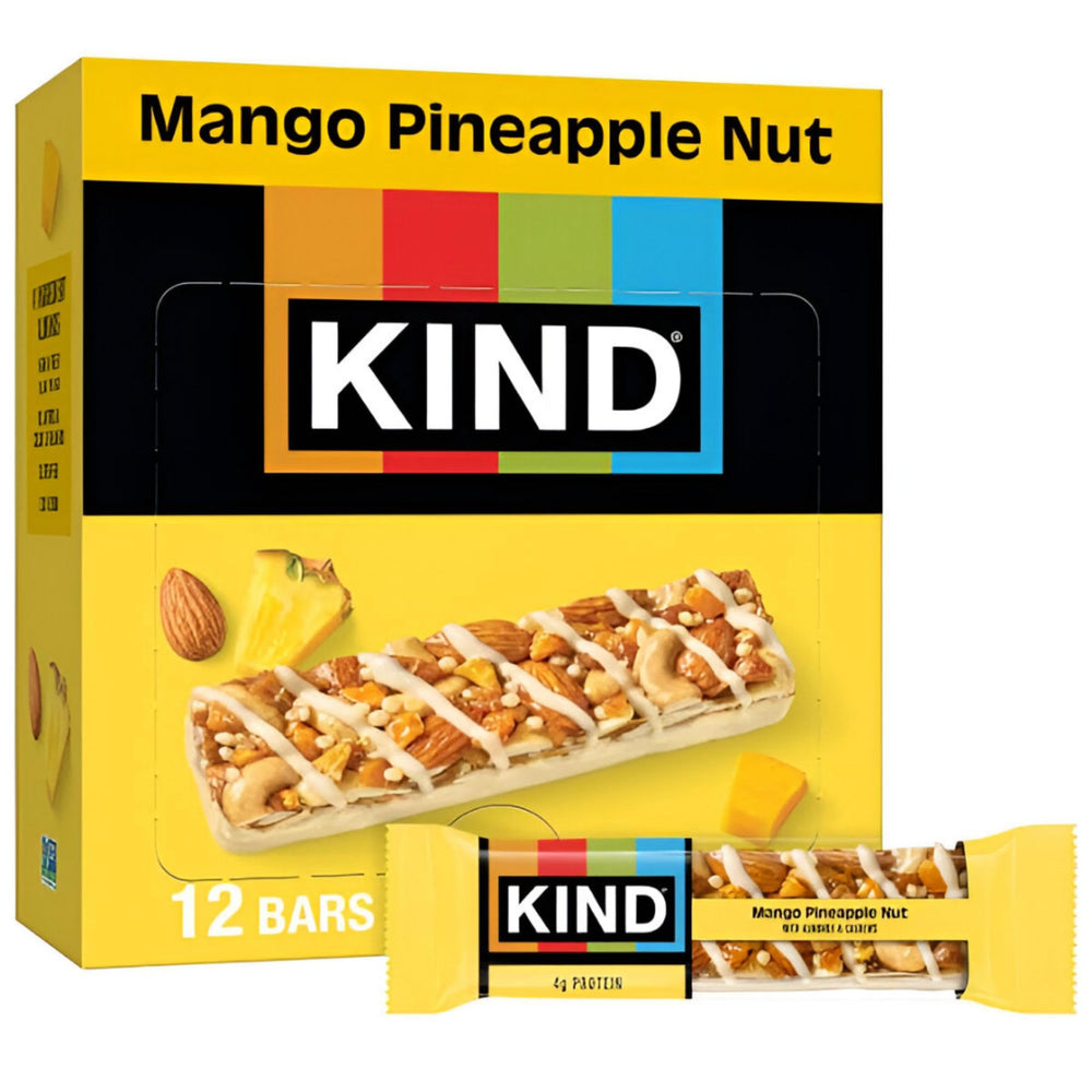 KIND Mango Pineapple Nut bar pack shot showing gluten-free snack