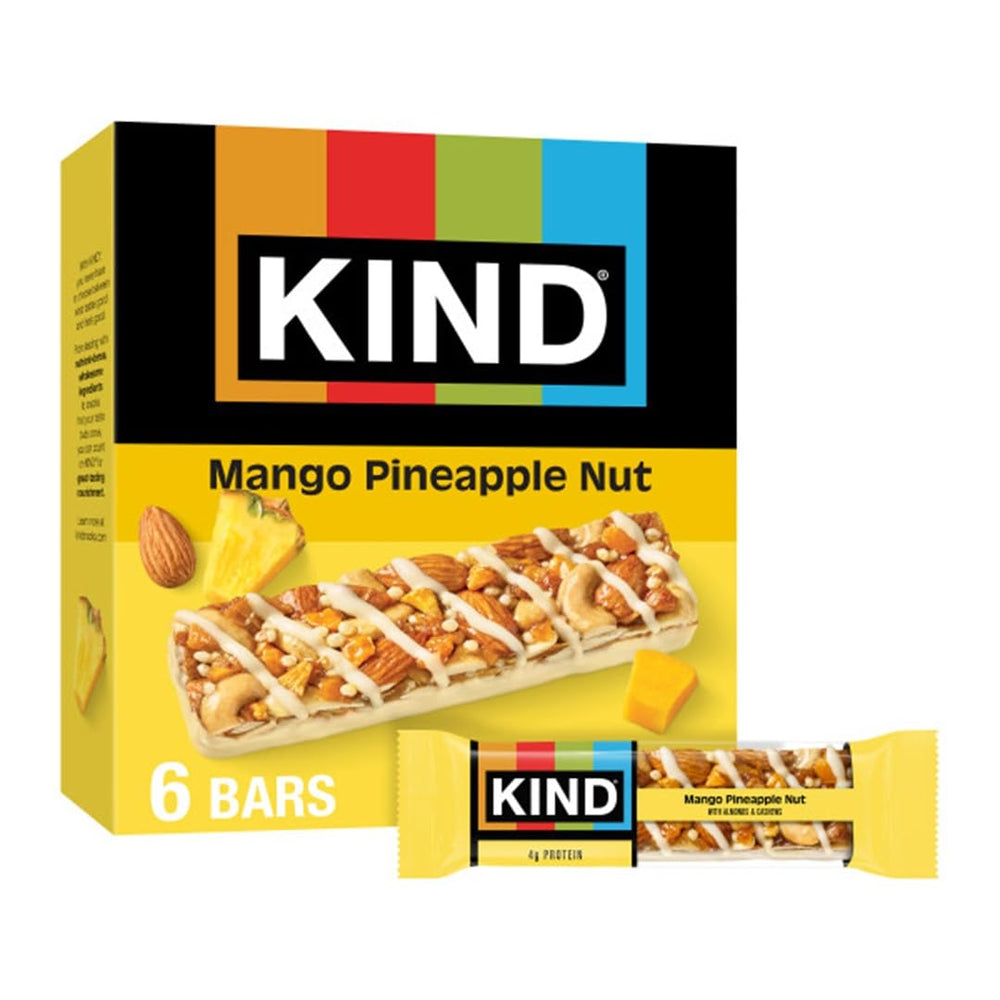 KIND Mango Pineapple Nut bar packaging, a gluten-free snack for busy days.