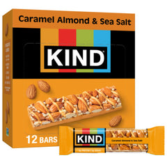 KIND Caramel Almond & Sea Salt packaging shows a gluten-free on-the-go snack with crunch.
