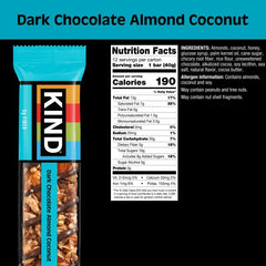 KIND bar close-up shows almonds, coconut, and dark chocolate for a crunchy, flavorful bite.