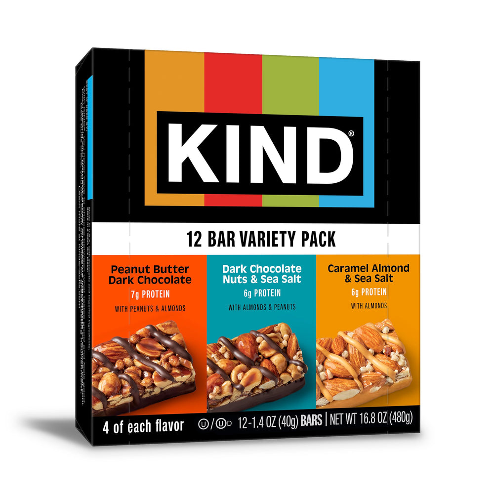 KIND Dark Chocolate Nuts & Sea Salt bar with almonds as the #1 ingredient, protein-rich.