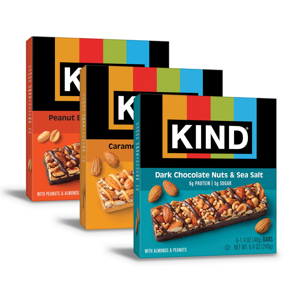 KIND Nut Bars Favorites dark chocolate nuts sea salt wrapper for on-the-go snacking.