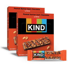 KIND Peanut Butter Dark Chocolate bar packaging highlights gluten-free and non-GMO.