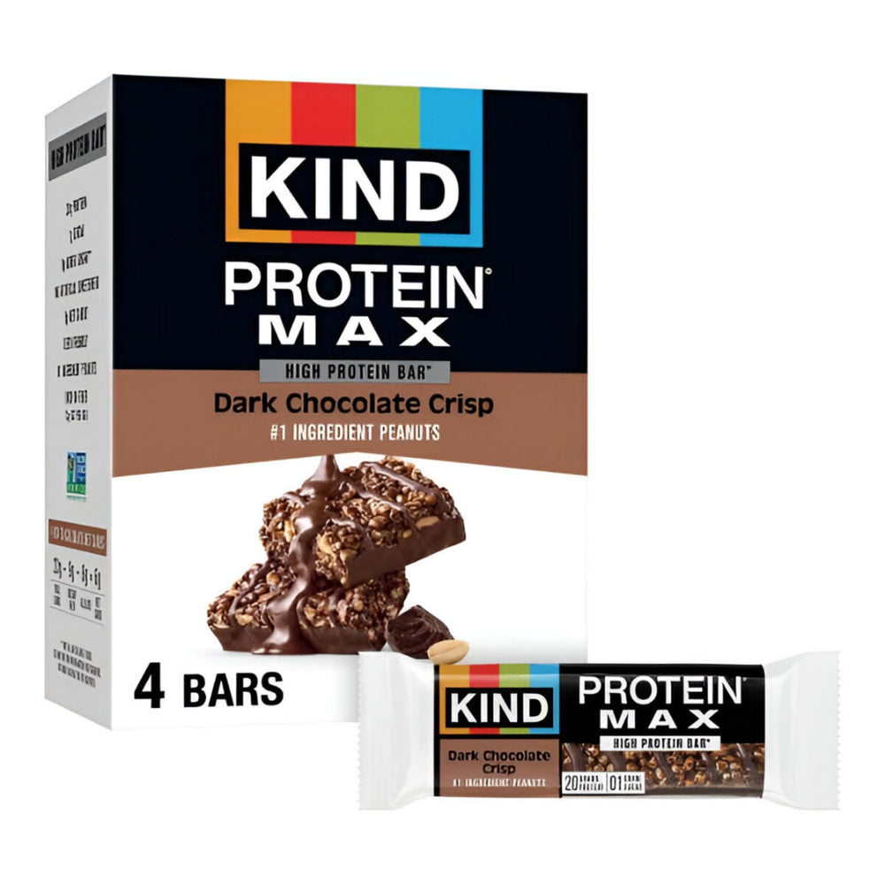 KIND Protein MAX Dark Chocolate Crisp bar on box front, spotlighting 20g protein.