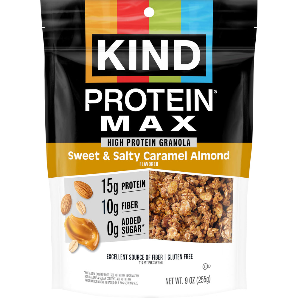 KIND Protein MAX Granola sweet-salty caramel almond 9oz package, protein-rich snack for busy days.