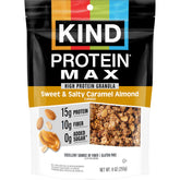 KIND Protein MAX Granola sweet-salty caramel almond 9oz package, protein-rich snack for busy days.