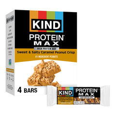 KIND Protein MAX Sweet & Salty Caramel Peanut Crisp box for on-the-go snacking.