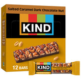 KIND Salted Caramel Dark Chocolate Nut bar packaging, gluten-free and portable.