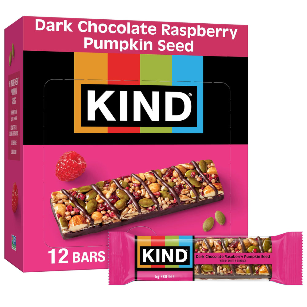 KIND Seeds bar with dark chocolate drizzle and raspberries, on-the-go snack