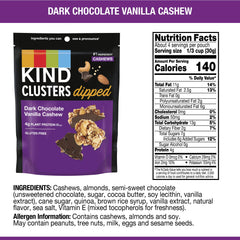 KIND dark chocolate vanilla cashew clusters close-up showing visible nuts and glossy coating.
