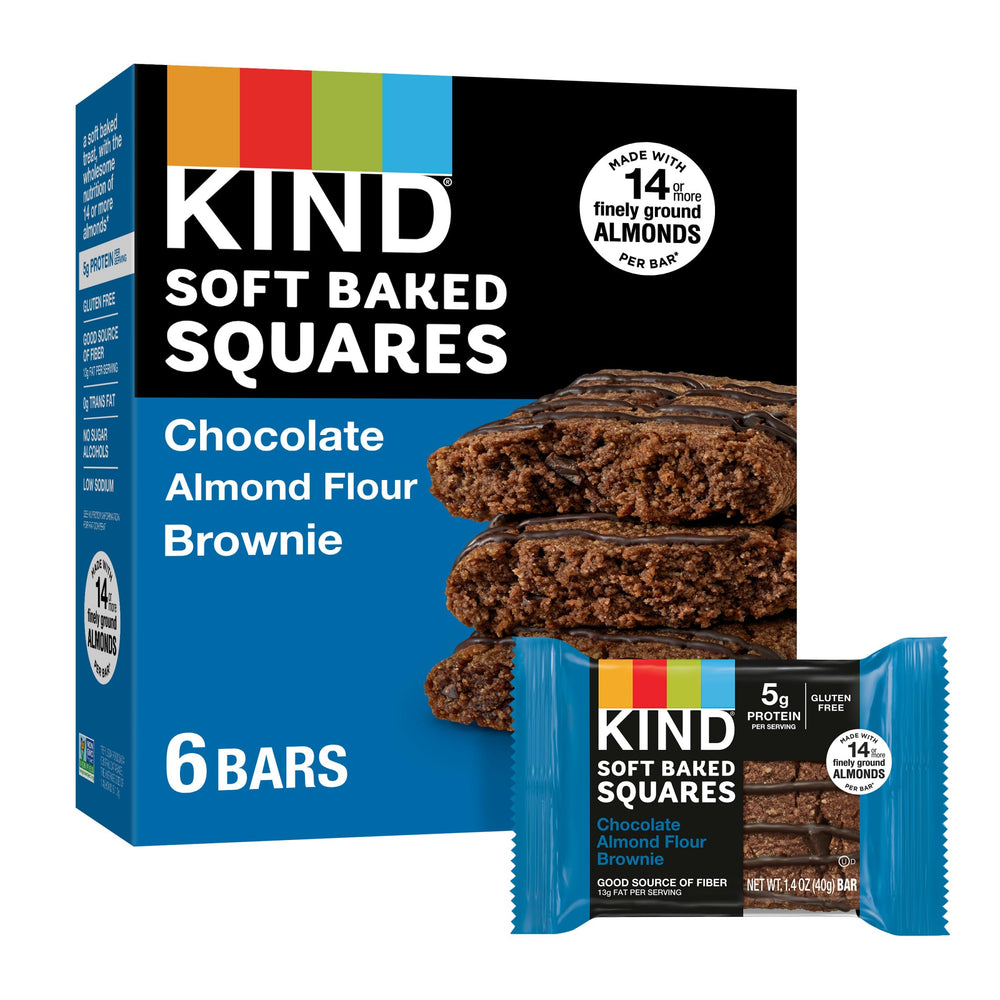 KIND Soft Baked Squares chocolate almond brownie box with chocolate drizzle for gluten-free treat
