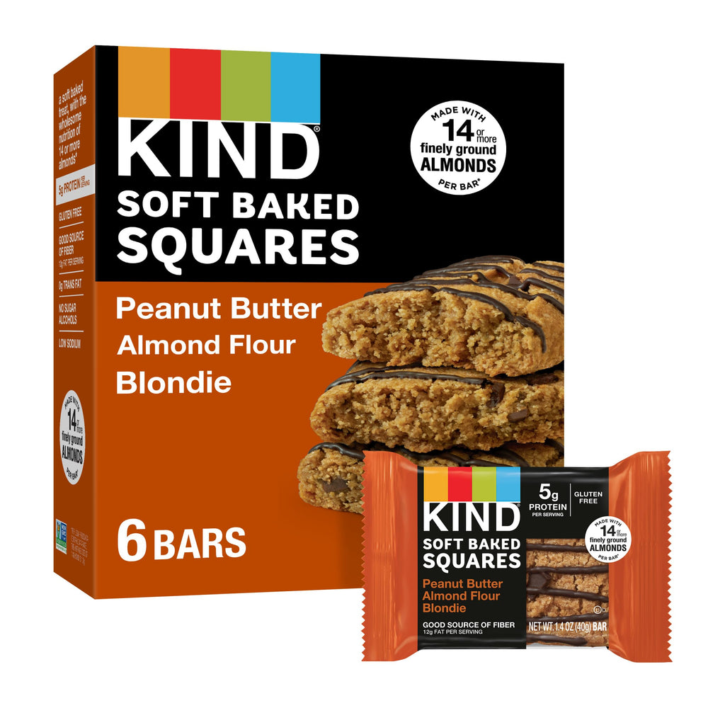 KIND Soft Baked Squares box of Peanut Butter Blondie, gluten-free snack.