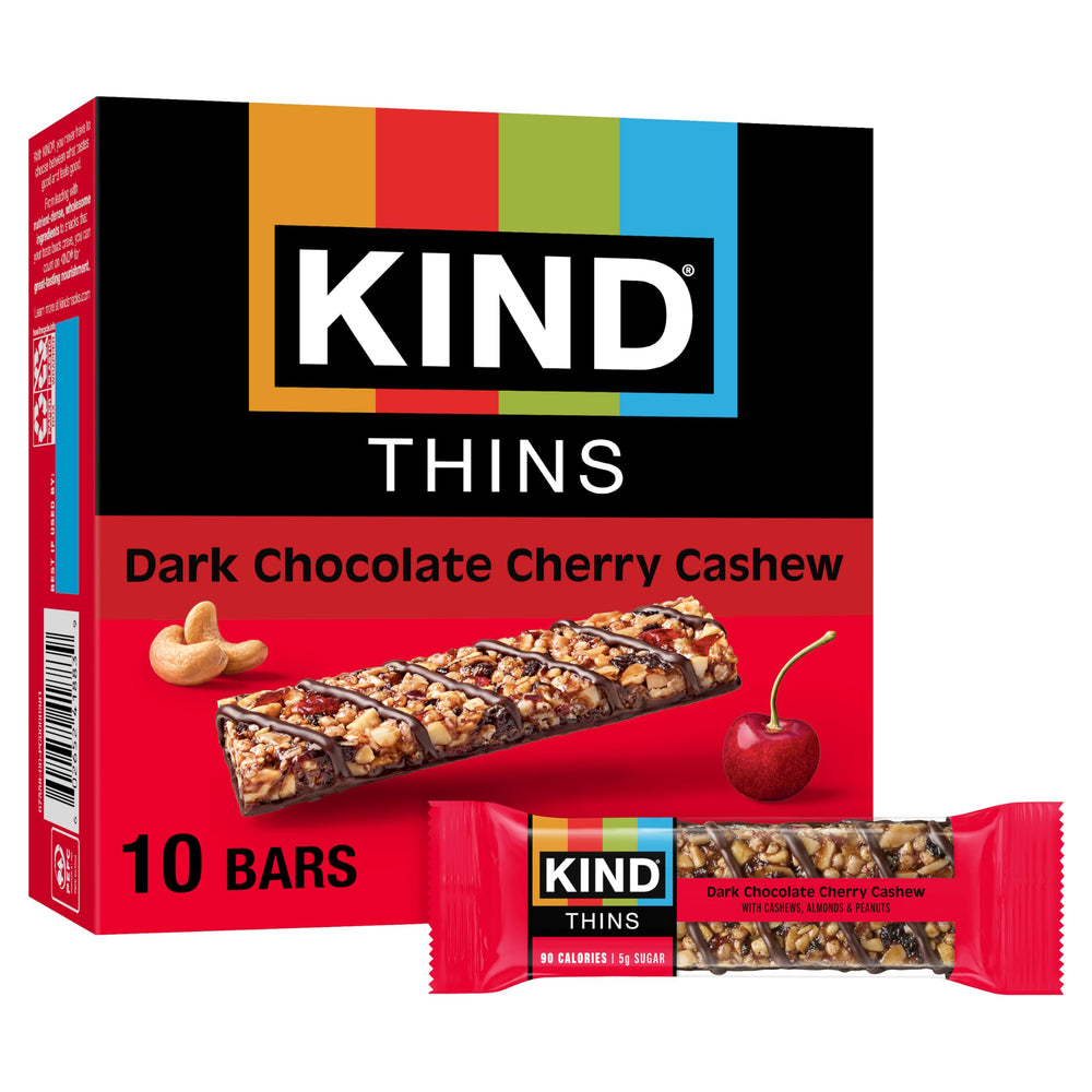 KIND THINS Dark Chocolate Cherry Cashew Bar pack shot highlights a gluten-free, on-the-go snack.